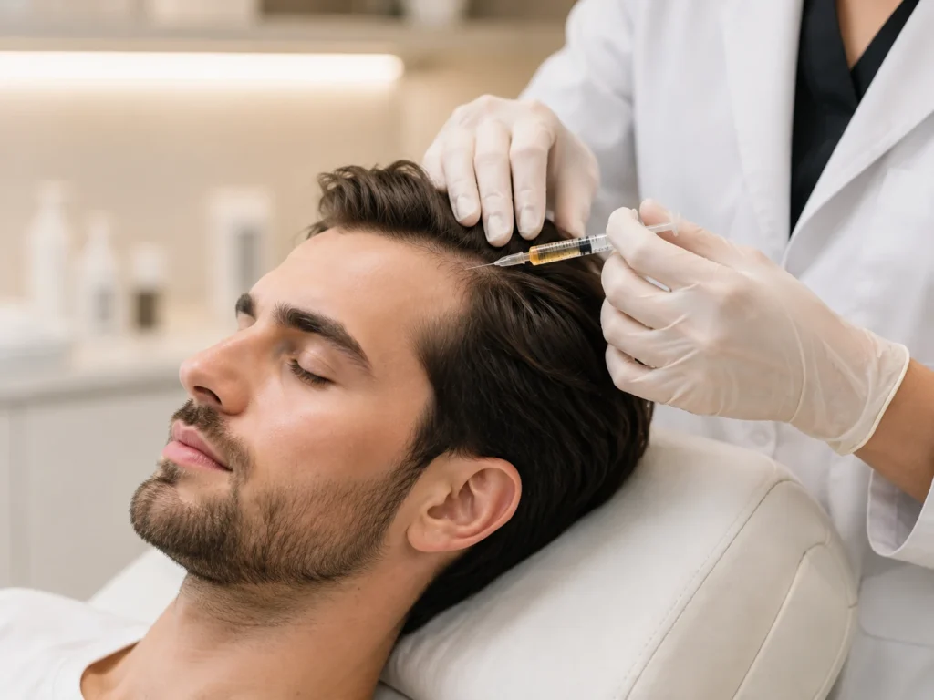 Scalp injection procedure for PRP hair treatment at Dermadent Clinic